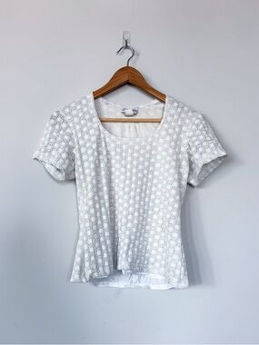 Vintage Y2K 90s Eyelet White Short Sleeve Blouse Round Neck Tee T-Shirt